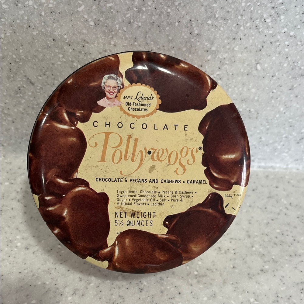 Vtg Mrs. Leland’s Chocolate Polly Wogs Candy Tin EMPTY 5.5oz Size MCM Decor